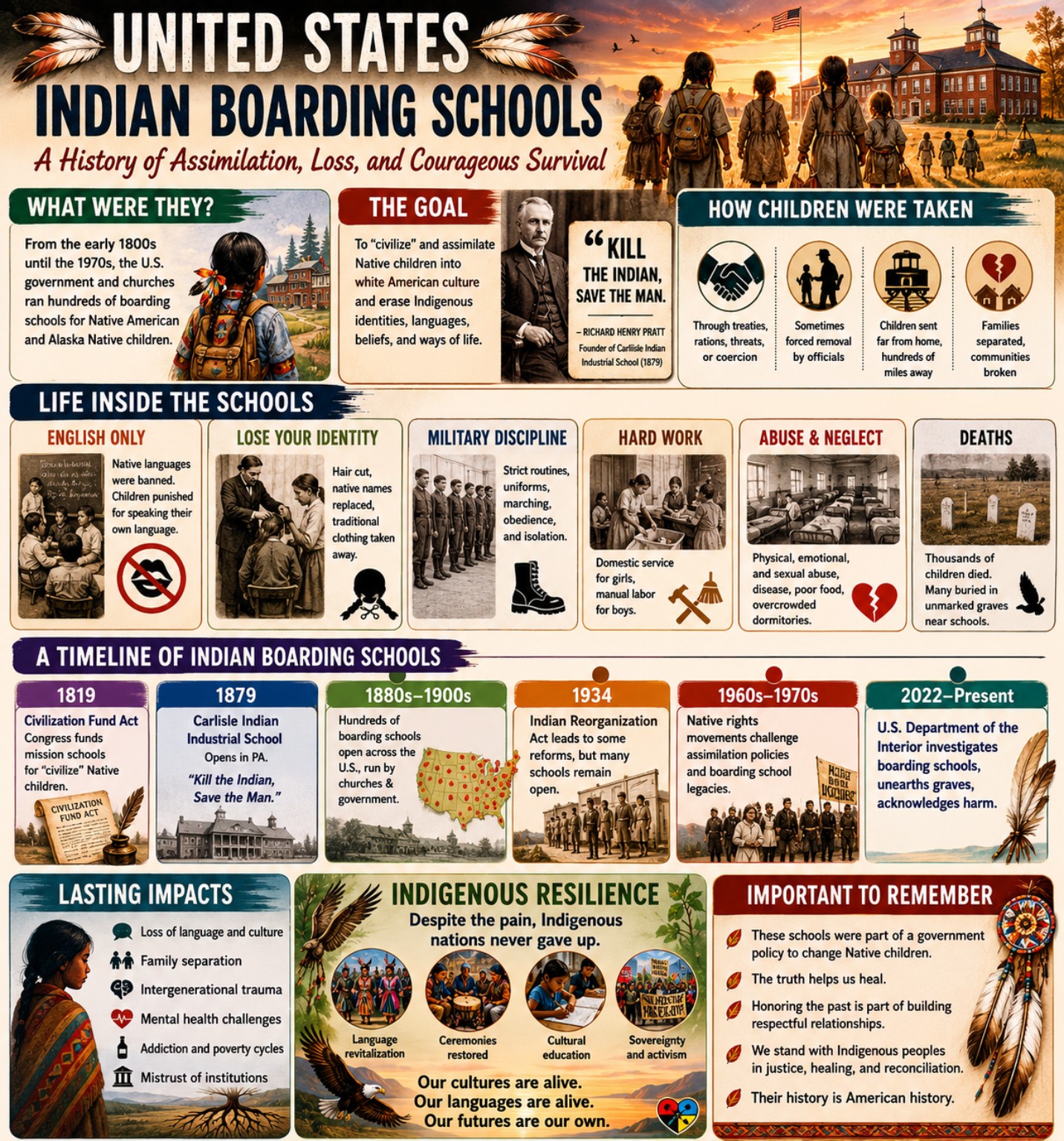 United States Indian Boarding Schools infographic showing what they were, goals, removal methods, school life, timeline, impacts, resilience, and remembrance