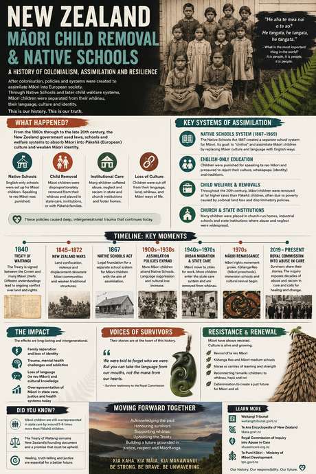 Reference infographic for New Zealand Māori child removal and Native Schools